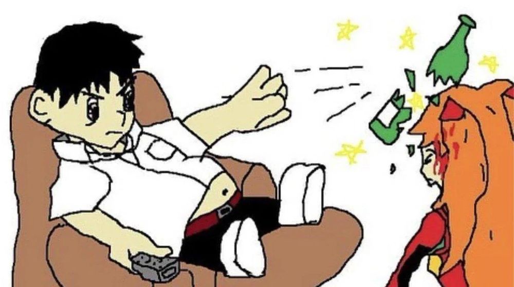 shinji throwing a bottle at asuka