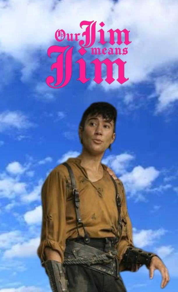 Poster of season 2 Jim with a blue, cloud filled sky behind them, with the title Our Jim Means Jim in the OFMD font.