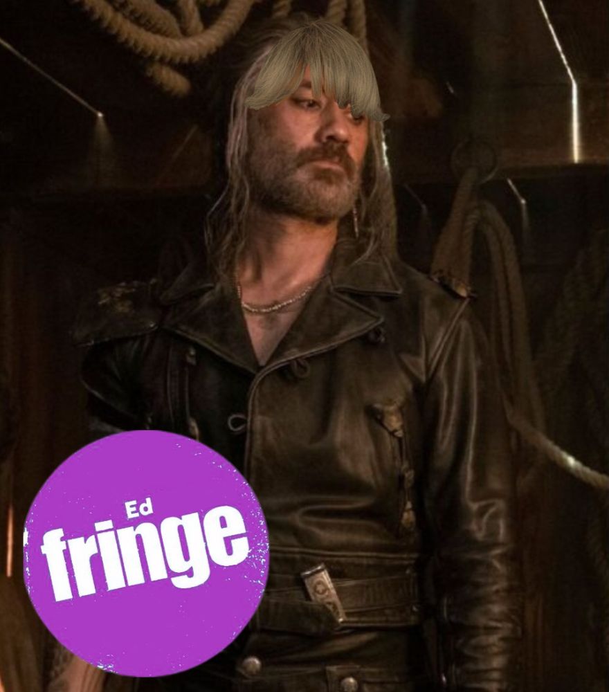 Ed Teach with bangs, with the Edinburgh Fringe Festival logo modified to say just Ed Fringe.