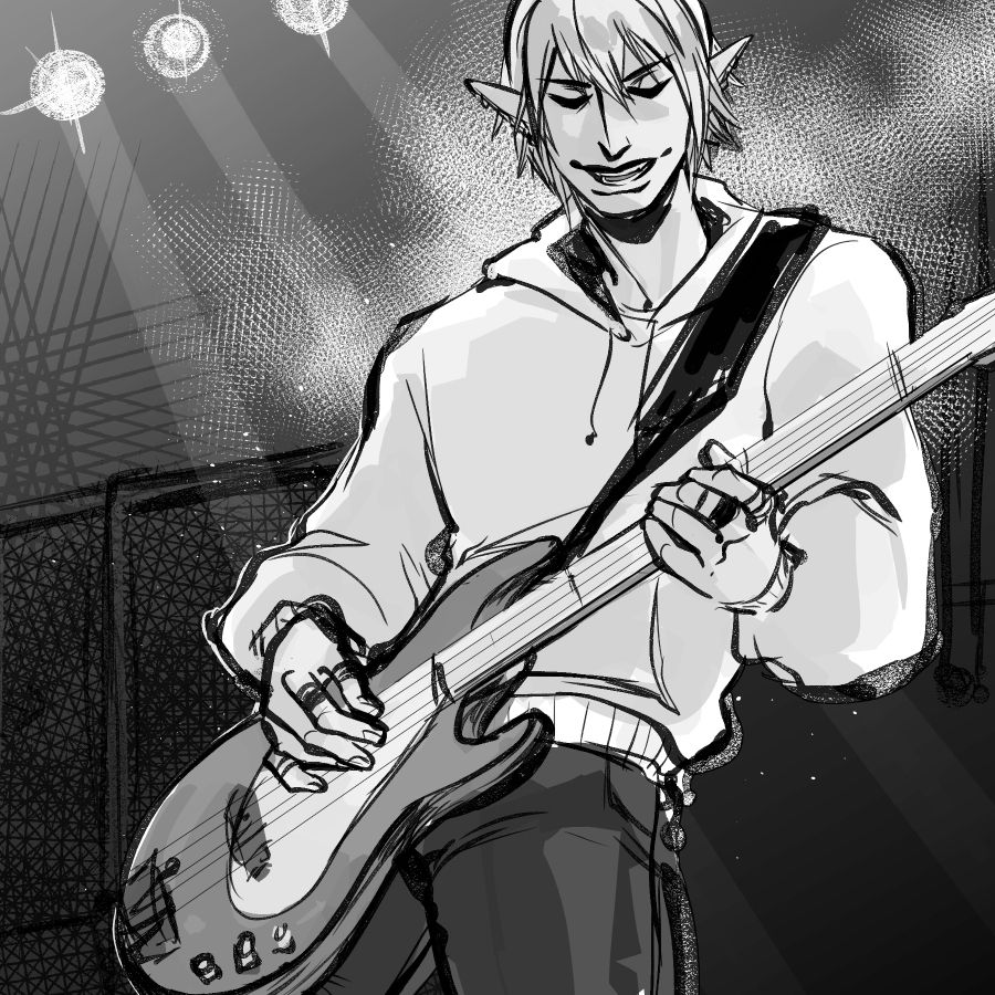 haurchefant in a hoodie, surrounded by stage lights while playing the bass