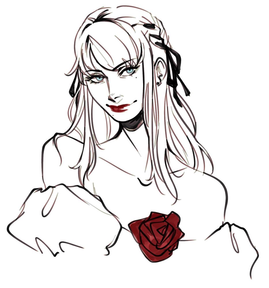 a black and white sketch of a midlander woman with long hair, wearing the new summertide dress with a ribbon braided in her hair 
