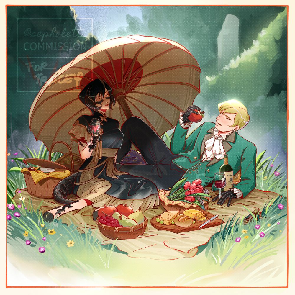 a xaela au ra woman having a picnic with a blonde midlander man. they both have glasses of wine while he lounges with an apple in his hand. they're both surrounded by an array of picnic foods, such as bread and cheese, while there are various questionable items hidden in the spread such as a vial with red liquid, a dagger amongst the tulips, and rope underneath the picnic blanket. 