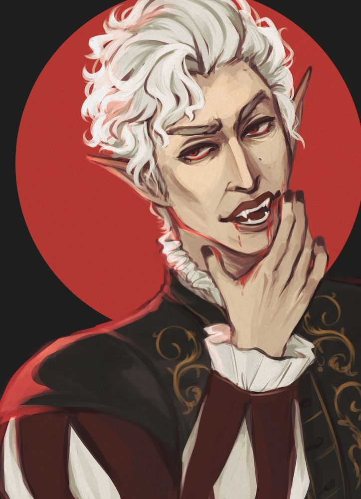 astarion, a pale elf with white curly hair wiping blood from the corner of his lips, baring his vampire fangs 