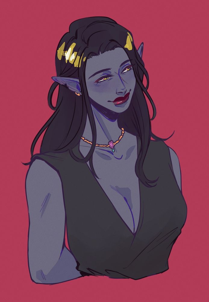a duskwight with long dark hair, with her arm folded behind her back smiling to the side