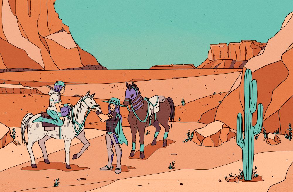 johnny, gyro, and their horses against the desert landscape 