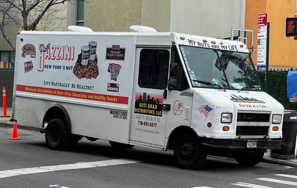 Photo of a Bazzini's Nuts delivery truck on Smith Street in Brooklyn.