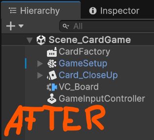 An image of the Unity hierarchy. Each game object has an icon that corresponds to the type of object. It is labeled "After"