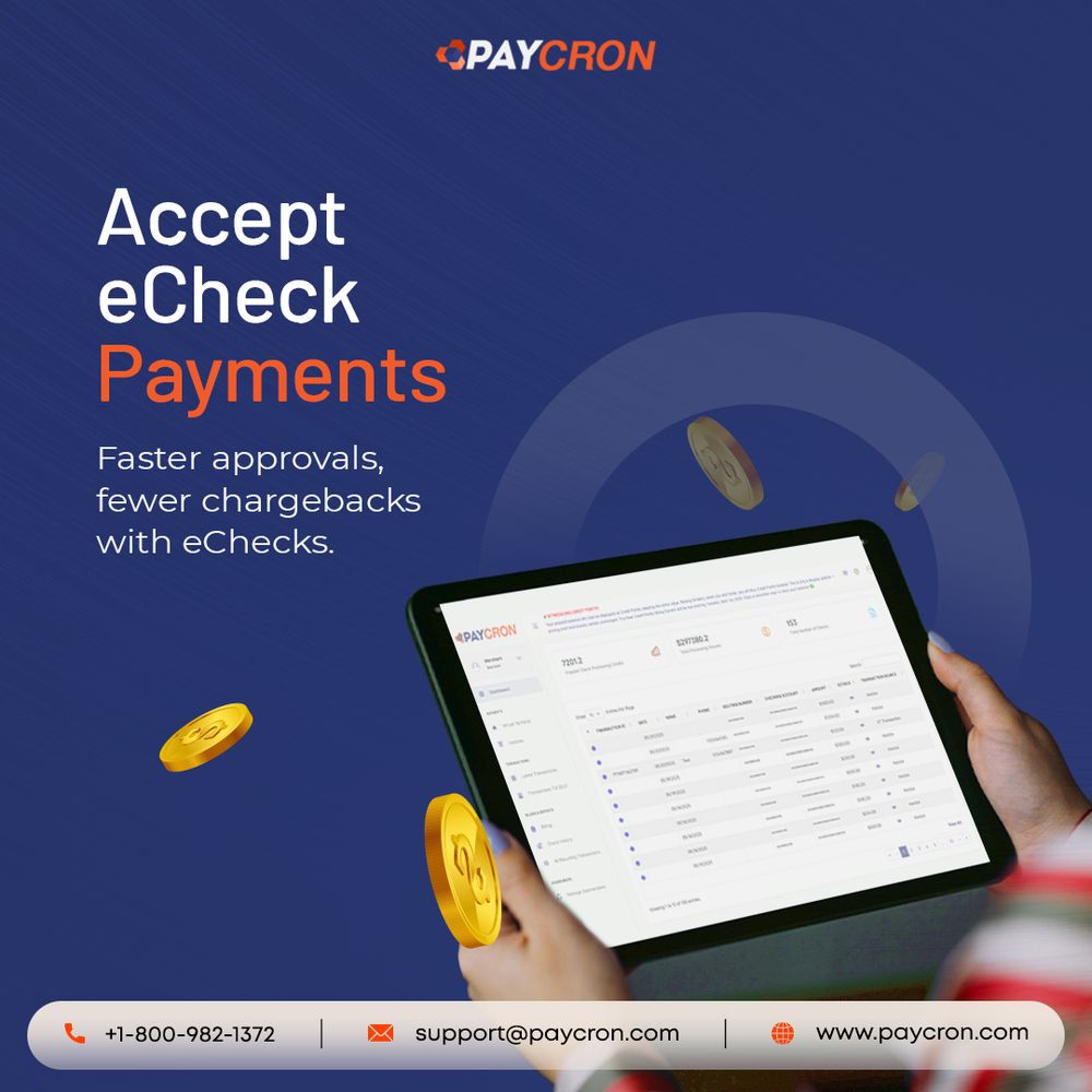 Unlock a smarter way to get paid with Paycron's eCheck payment solutions. Designed for businesses seeking secure, low-cost, and reliable transactions, our eCheck processing helps you accelerate approvals, reduce chargebacks, and maximize cash flow. Whether you're a high-risk merchant or a growing business, Paycron empowers you to accept payments online, over the phone, or via invoice—all without the hassle of credit card fees.

Go digital, stay compliant, and get paid faster with Paycron eChecks. Let your business thrive with smarter payment processing today!
