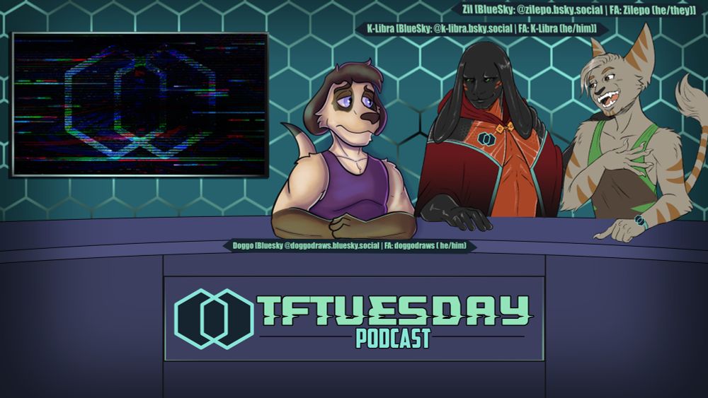 Doggo (as a meerkat) sits behind the TFTuesday podcast desk next to K-Libra and Zil #TFEveryday #transfur