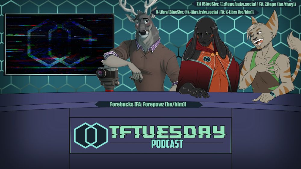 Forebucks sits behind the podcast desk with an arm resting on his camera #TFEveryday #transfur