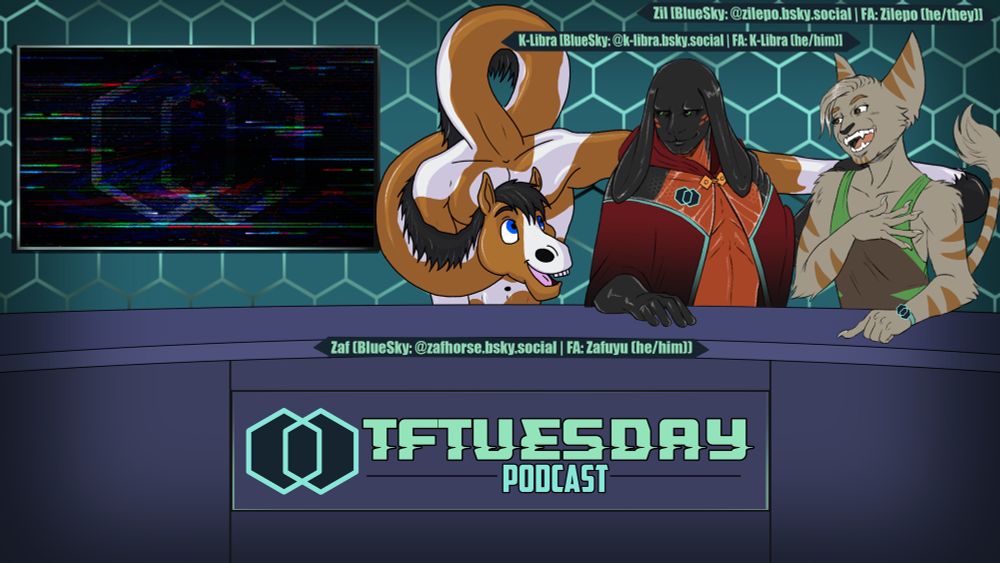 Zaf, K-Libra and Zil sit behind the TFTuesday desk. Zaf is stretching his neck and arm so as to hug the other two #TFEveryday #transfur