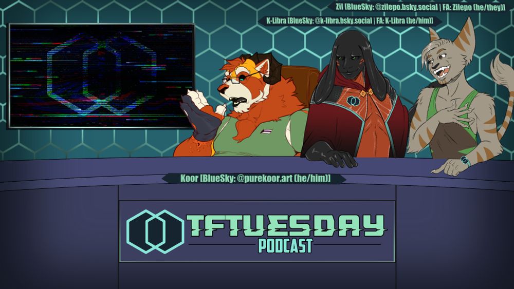 Koor sits behind the TFTuesday desk as he begins to change, next to Libra and Zil #TFEveryday #transfur
