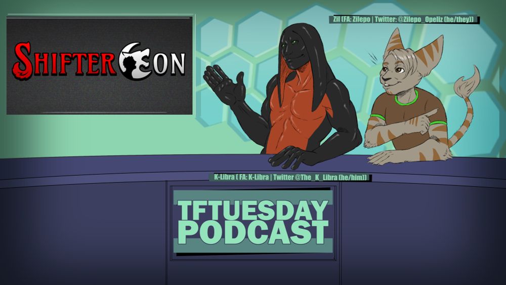 K-Libra and Zil gesture at the ShifterCon logo, displayed on the screen behind them