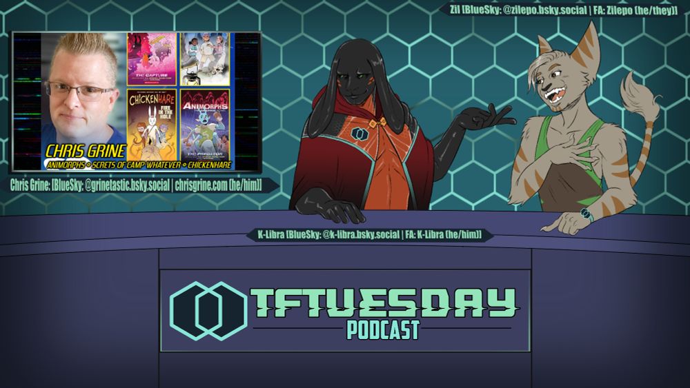 Zil and K-Libra sit behind the TFTuesday desk. On screen is Chris Grine, adapter and illustrator for the Animorphs graphic novel series