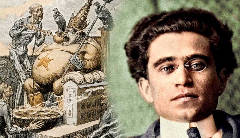 Foto coloreada de Antonio Gramsci, y dibujo de pobres famélicos alimentando a un orondo clérigo.

Imagen escamoteada de https://www.thecollector.com/antonio-gramsci-cultural-hegemony/