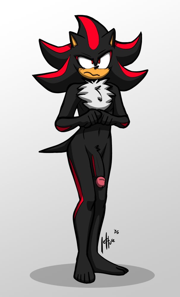 a nude pin up of shadow the hedgehog, who is looking very shy and embarrassed 