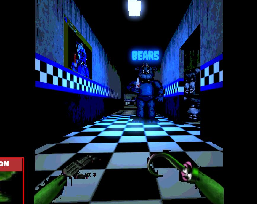 an image of bear5 in his pizzeria hunting down fox4