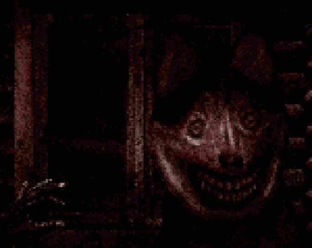 an image of smile dog staring at the camera, behind him is a cabin window and there is a hand in the corner