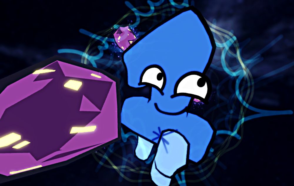 a render of one from bfdi with two and four's powers floating in space with 3 chunks of yoylite
