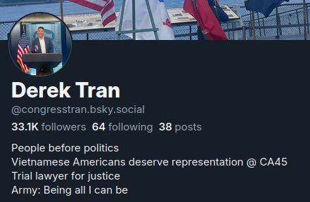 A screenshot of Derek Tran's archived Bluesky header, notably absent of any "official" text