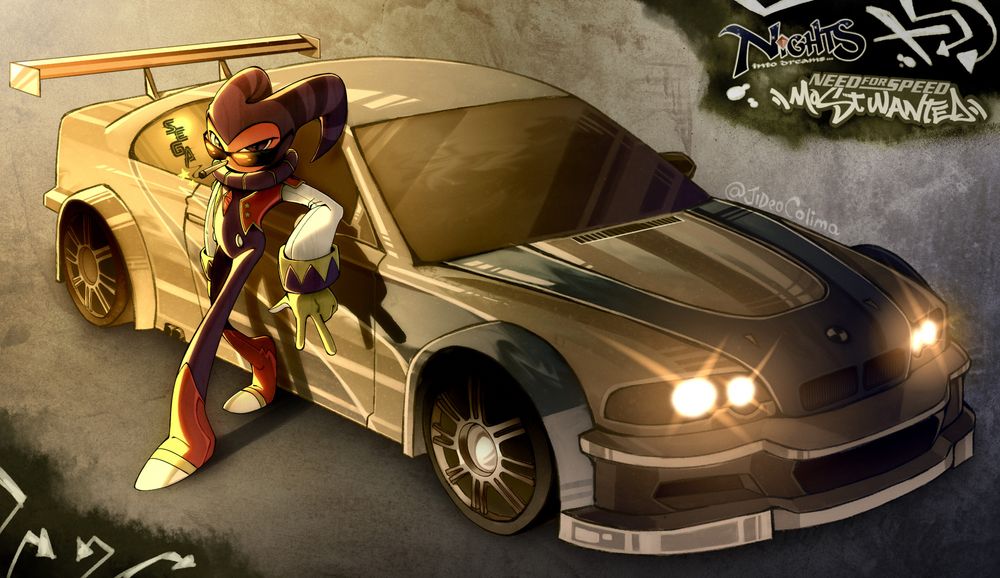 This is a wallpaper ratio artwork featuring the SEGA character NiGHTS posing in front of the BMW M3 famously wrapped and featured in Need for Speed: Most Wanted as a crossover between the franchises. The border of the art and the textures in the background include that famous grunge motif found in Most Wanted, complete with a golden light washing over NiGHTS and the back of the car. The car is complete with a spoiler and a body kit and tinted windows. NiGHTS pose has their heel touching the car's passenger door and their other foot planted firmly, elbow crooked onto the side mirror with a hand sign depicting "3", and they are looking at the camera over the rim of their sleek shades. They're smoking a cigarette, and the smoke spells out SEGA in the classic SEGA font, with little stars underneath.