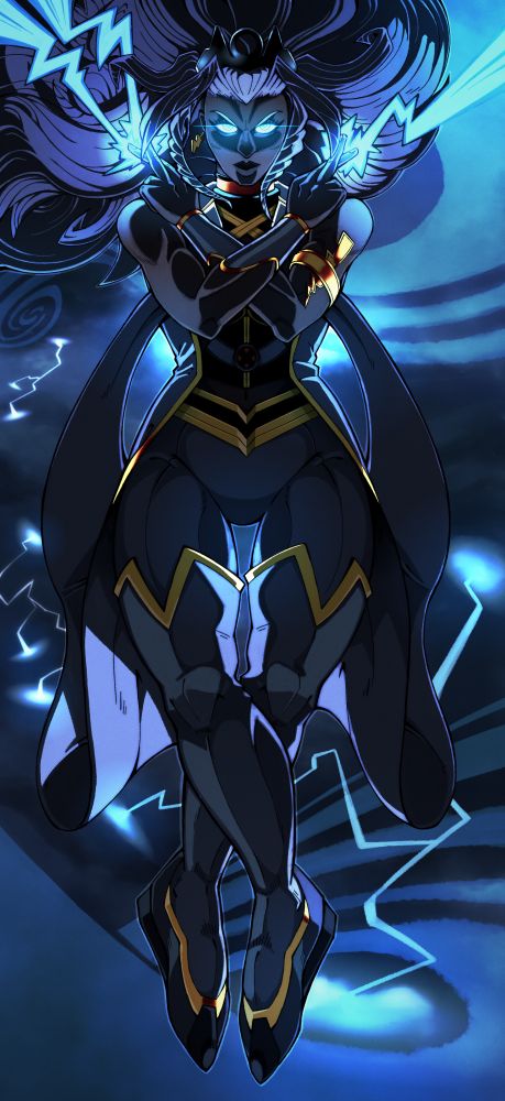 2D illustration of X-Men's Storm, in her Marvel Tokon costume. She's inside of a storm cloud, shooting lightning from her fingers as her hair is moved by the wind gusts. Her fingers, arms and legs form an X shape.