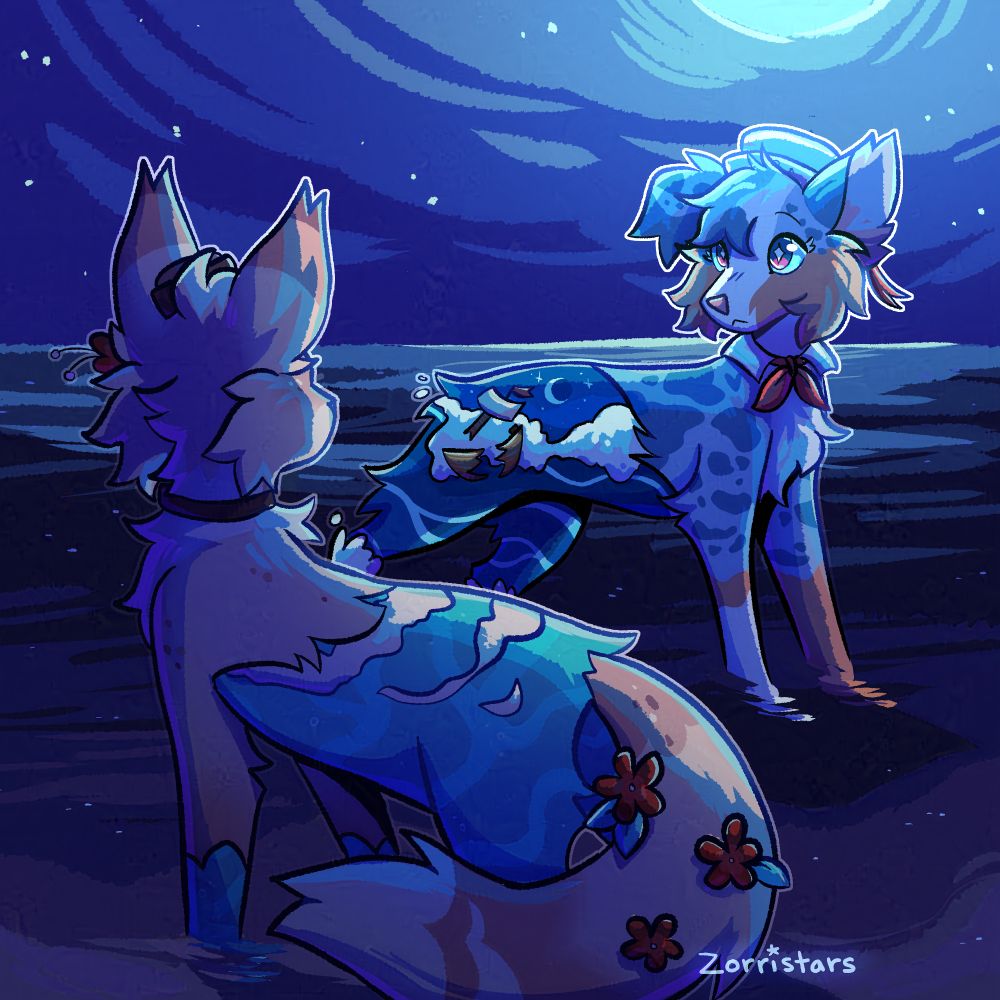 digital art of two feral characters standing in an ocean at night