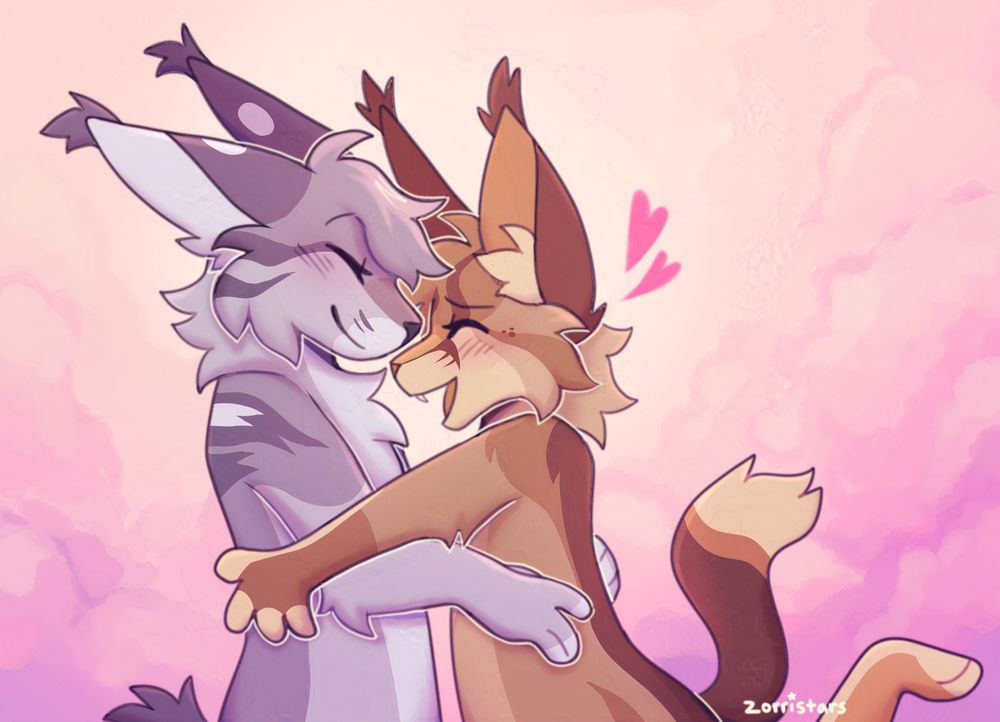 digital drawing of 2 anthro cats embracing 