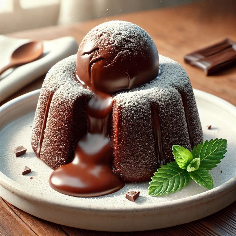 A freshly baked molten lava cake sits on a white plate, with rich chocolate flowing from its center. The cake is dusted with powdered sugar and garnished with a sprig of mint. The background features a rustic wooden table, softly lit by natural light, creating a warm and inviting atmosphere.

