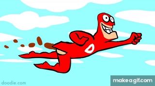 Comicfigur in rotem Superheldenkostüm namens Doodieman fliegt grinsend durch den Himmel und stößt dabei kleine braune Bröckchen aus dem Gesäß.