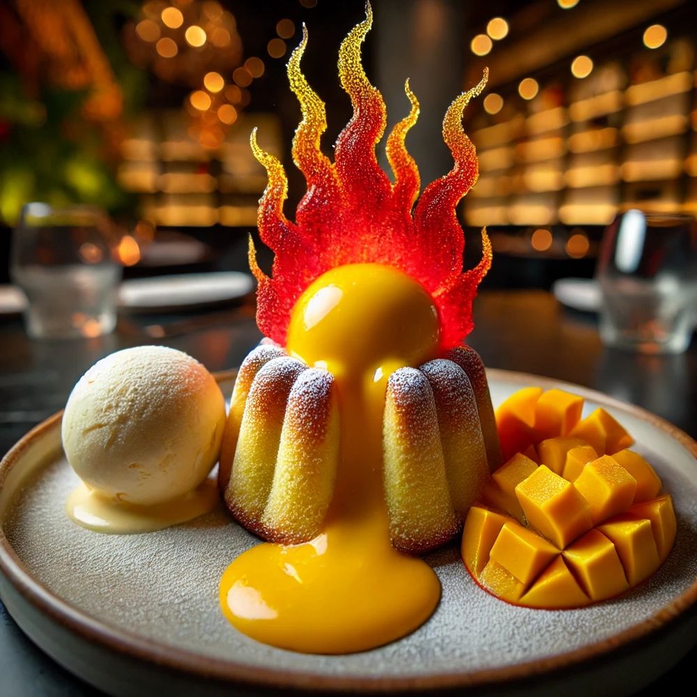 A vibrant dessert featuring a golden-yellow mango lava cake with molten mango cream oozing from its center. The cake is adorned with sugar decorations resembling red flames, creating a fiery effect. The plate is elegantly arranged with fresh mango slices, a scoop of vanilla ice cream, and a light dusting of powdered sugar. The setting includes a dimly lit restaurant table, highlighting the bright, rich colors of the dessert.

