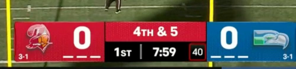 Screenshot of the CBS scorebug with throwback Bucs and Seahawks logos.