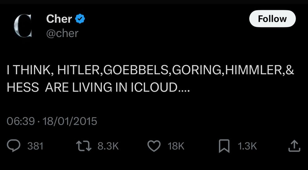 Chers tweet “I THINK, HITLER,GOEBBELS, GORING, HIMMLER,& HESS ARE LIVING IN ICLOUD”