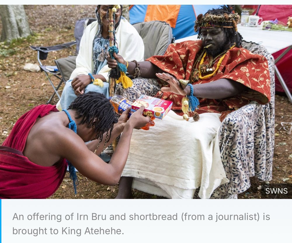 A news article containing the text “An offering of In Bru and shortbread (from a journalist) is brought to King Atehehe” the story is so weird I can’t explain it all here 