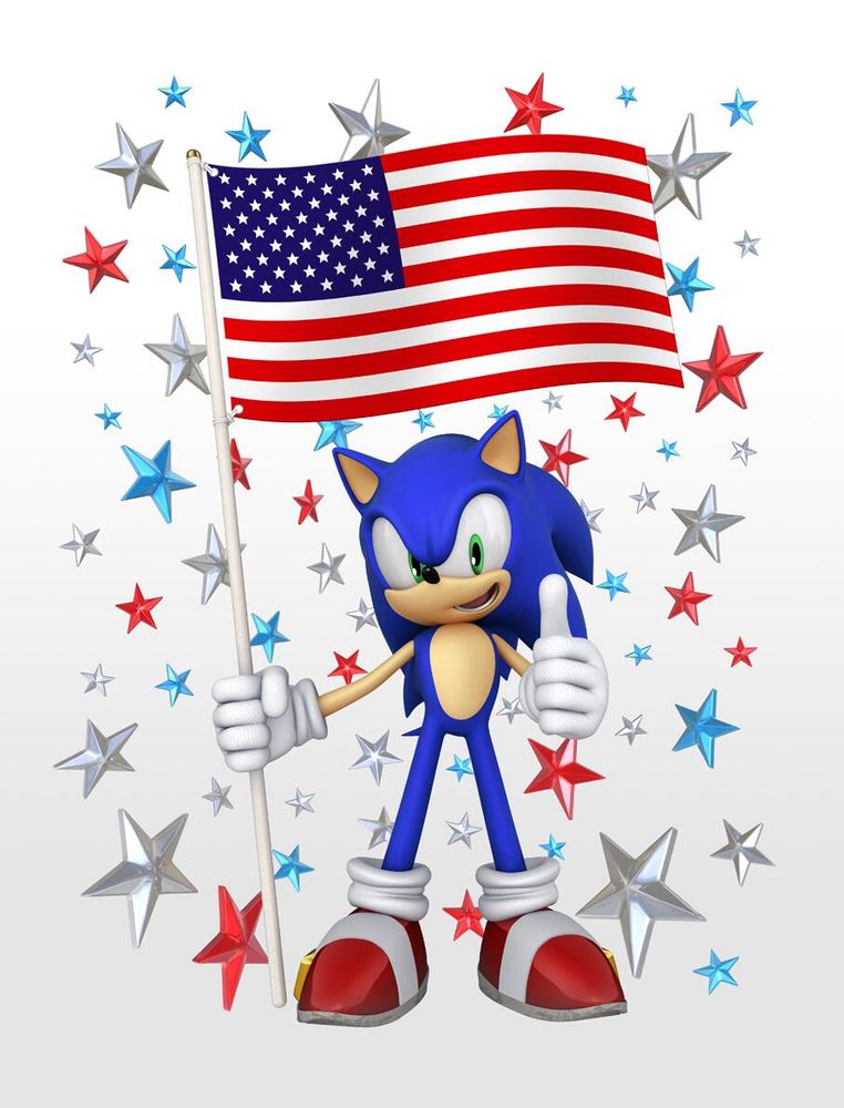 sonic holding the american flag surrounded by stars