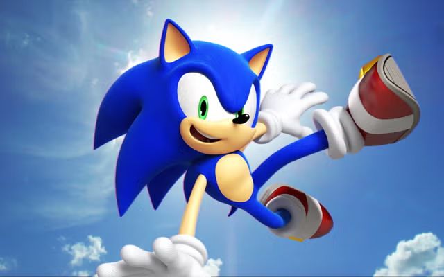 sonic the hedgehog mantles into the air with his right hand holding his weight and a cloudy blue sky behind him