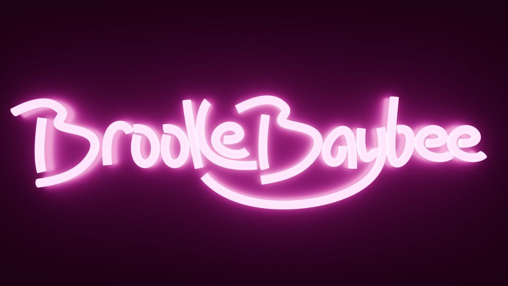 A neon sign I made in Blender of my artist's signature that reads "BrookeBaybee" in magenta