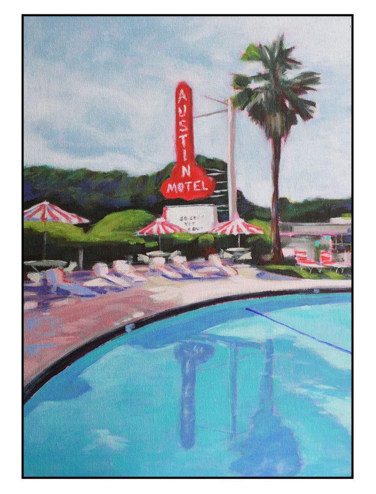 Acrylic painting. Exterior of Austin Motel. Swimming pool in the foreground, lined with sun loungers. Retro looking motel sign on vibrant red. Lots of greenery surrounding the scene.