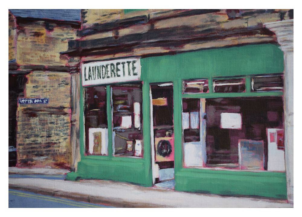 Acrylic painting of a launderette shopfront.