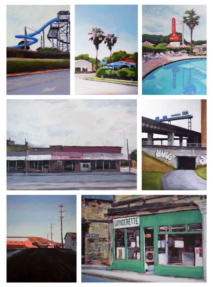 A collage of artworks painted with acrylics. 
