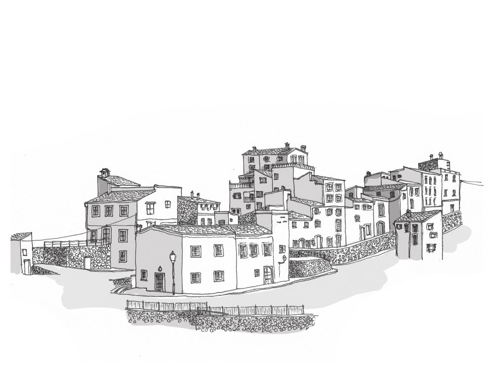 Black and white line ink drawing of a small Spanish village. 