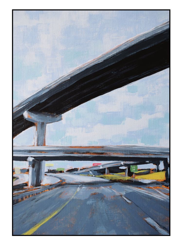 A painting in acrylics depicting an empty highway from ground level. Two flyover roads cross overhead.