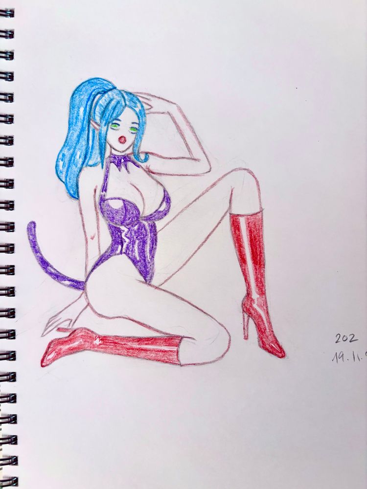 Beautiful woman posing in red boots and blue hair 🩵
