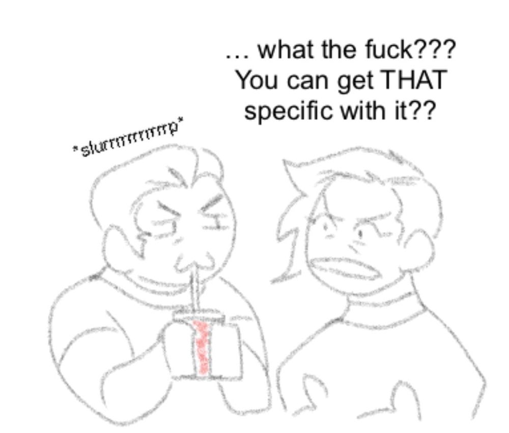 The fourth panel shows Diana looking shocked at Po, Po slurping down his drink. Diana says, “What the fuck??? You can get THAT specific with it??” 