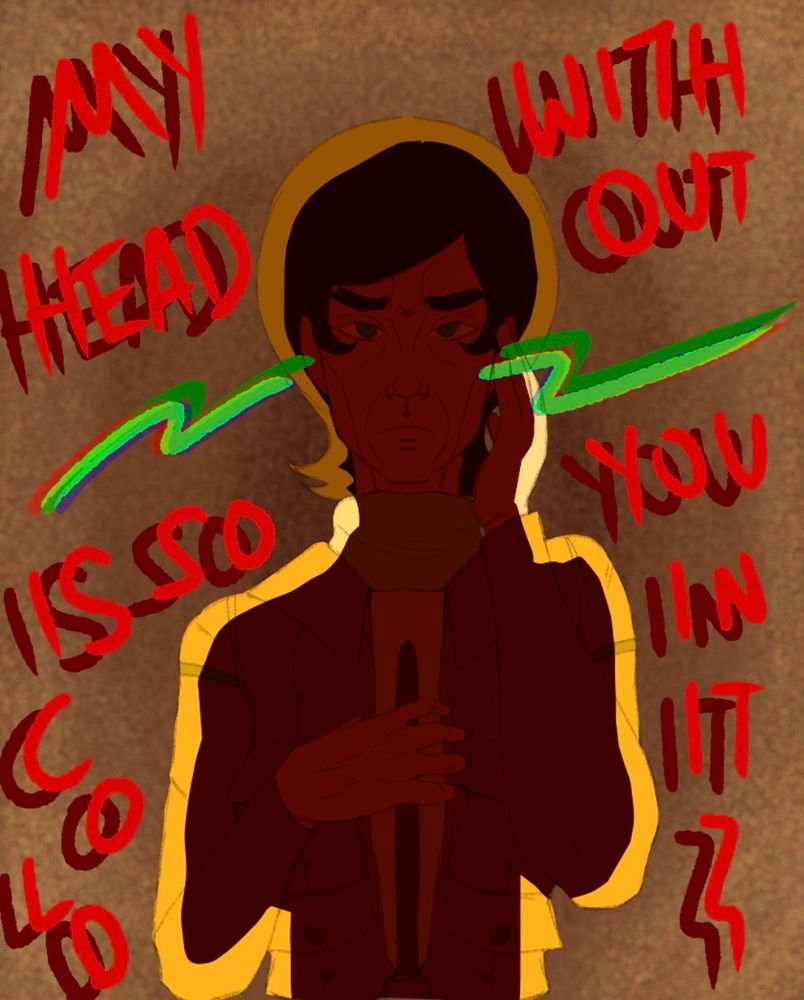 A digital drawing of Bones from Star Trek: TOS, specifically from Search for Spock. She’s depicted as a trans woman. One of her hands is clutching her chest, the other softly resting near her temple. Her eyebrows are furrowed. Moving through her head are green lines. Surrounding her are edited lyrics from Chelsea Wolfe’s “Hyper Oz,” reading, “My head is so cold without you in it.”