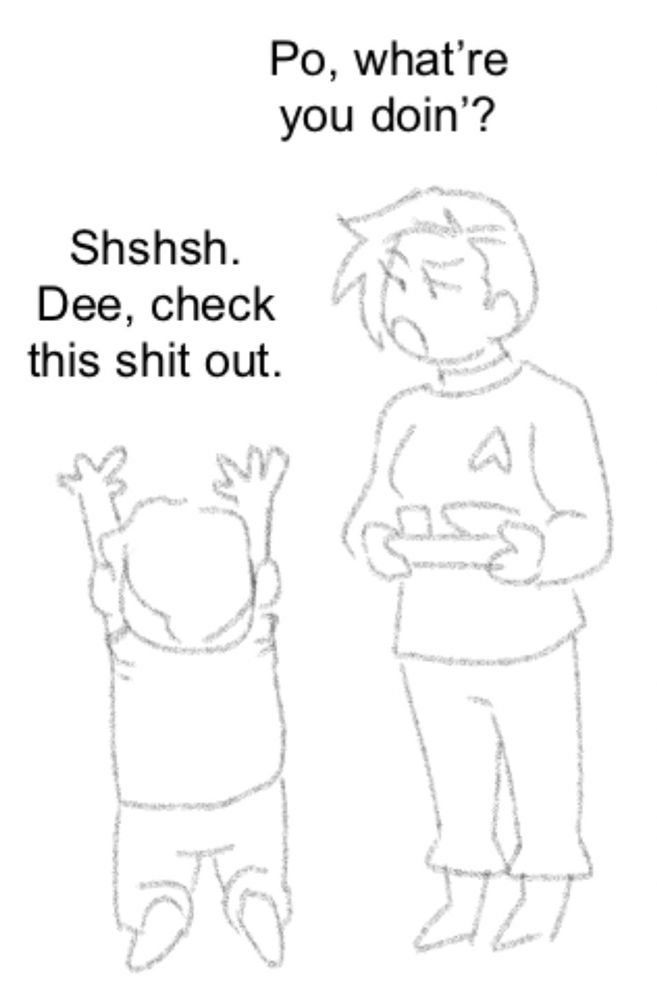 A digital comic of two of my OC’s, Po and Diana, in a Star Trek AU. In the first panel, Po is kneeling in front of a food replicator, Diana watching him curiously. She says, “Po, what’re you doin’?” Po shushes her, saying, “Dee, check this shit out.”