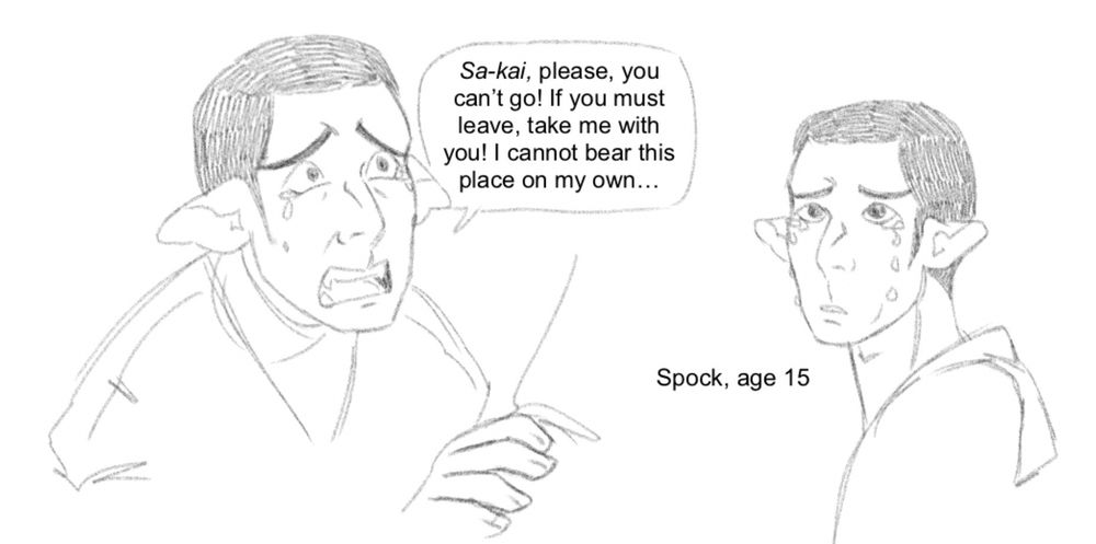 Two digital sketches of Spock from Star Trek: TOS as a 15 year old. The first sketch shows Spock grasping his brother’s arm, looking up at him tearfully, saying, “Sa-kai, please, you can't go! If you must leave, take me with you! I cannot bear this place on my own...” The second sketch shows Spock similarly teary eyed, but not as panicked in the face, coming to a somber acceptance. In both sketches he has these little microbangs.