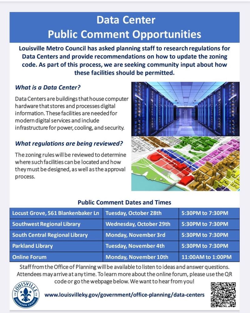 Flyer showing dates for public comment meetings on data centers. Same information can be found in link shared. 