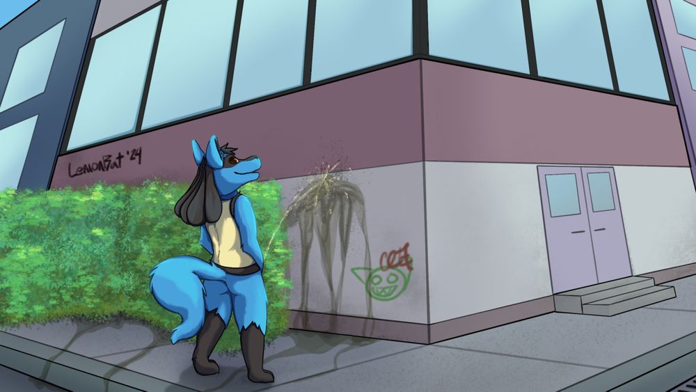 A Lucario standing on the sidewalk next to a building and peeing profusely on the wall. Puddles stream to the street from the bushes and base of the wall.