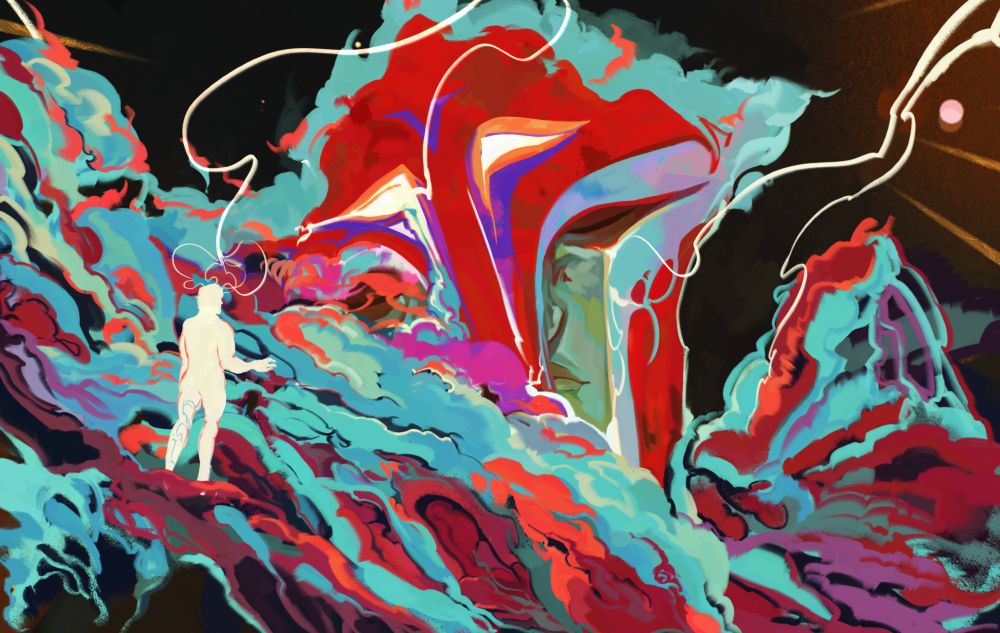 The partially destroyed arcane heralds head sitts like whalefall on top os the crumbling remains of the blanket cloak, which is billowing like a coral reif. Jayce is walking towards it, tethered, reaching out. 